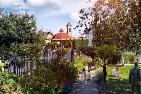 Centre-ville de Villeneuve-le-Roi ensoleillé, avec le kiosque et le Parc Soupault.