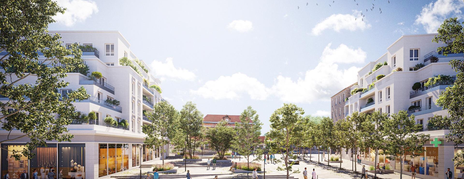 Ce visuel d'architecte montre une place végétalisée et arborée avec la gare au fond et entourée par deux immeubles modernes avec boutiques au rez-de-chaussée.