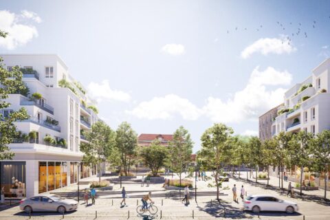 Ce visuel d'architecte montre une place végétalisée et arborée avec la gare au fond et entourée par deux immeubles modernes avec boutiques au rez-de-chaussée.