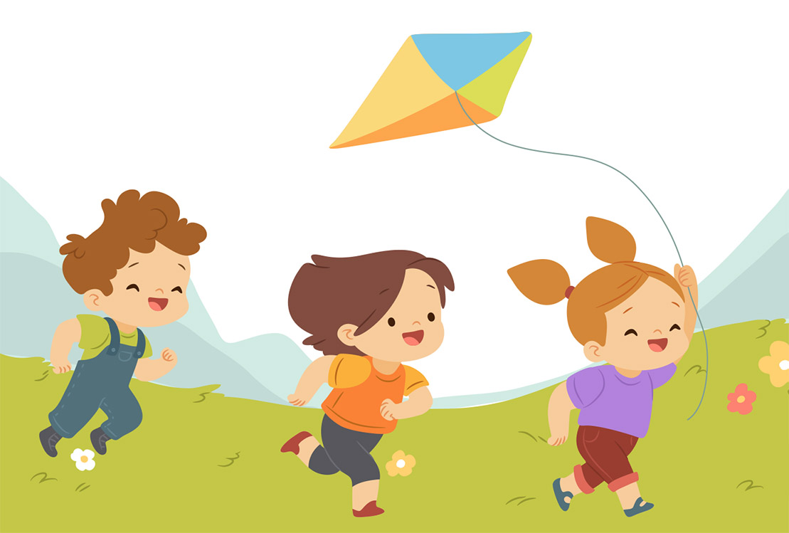 Illustration d'enfants courant dans l'herbe avec un cerf-volant.